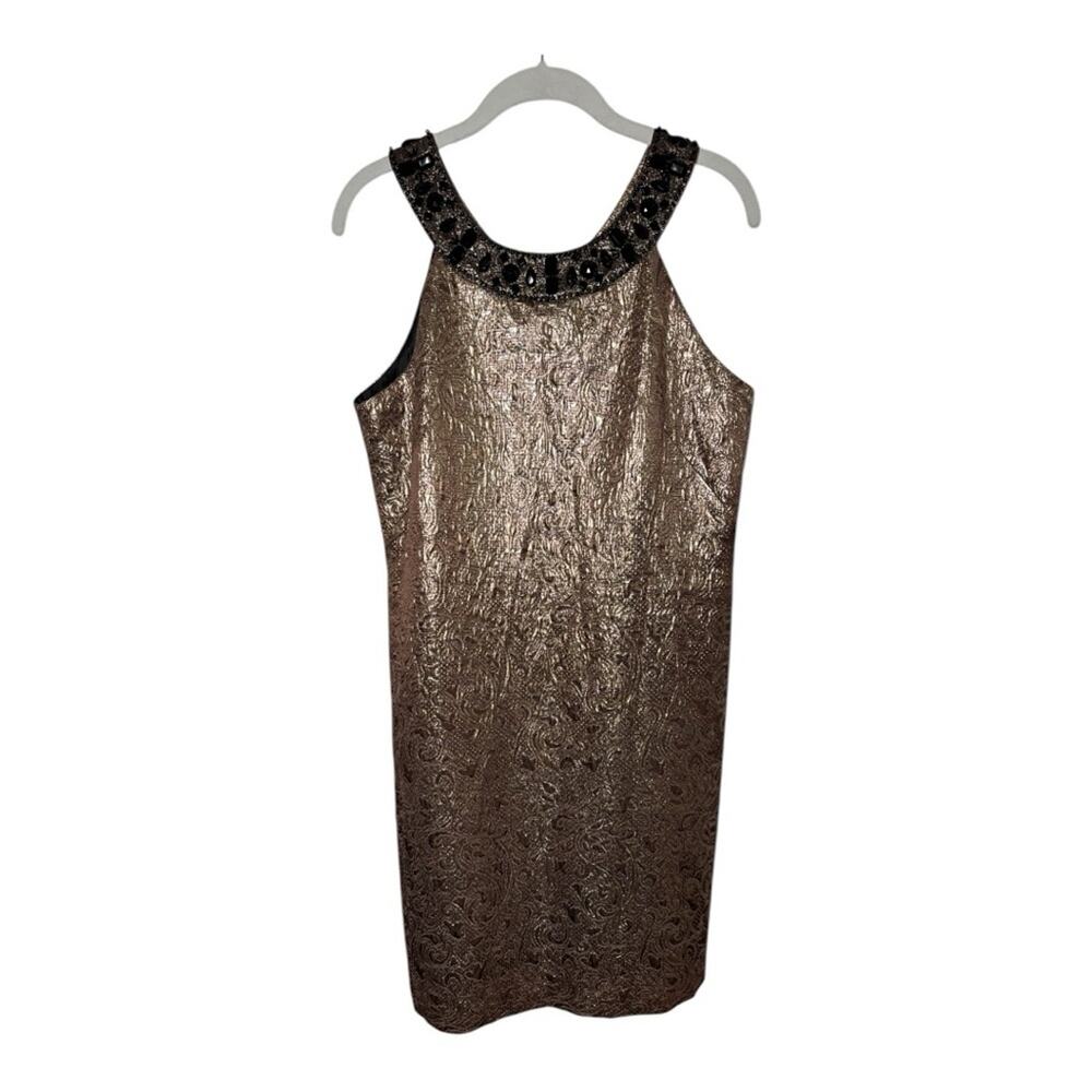 Eliza J Gold Embroidered Sleeveless Dress Black Beaded Neckline 10